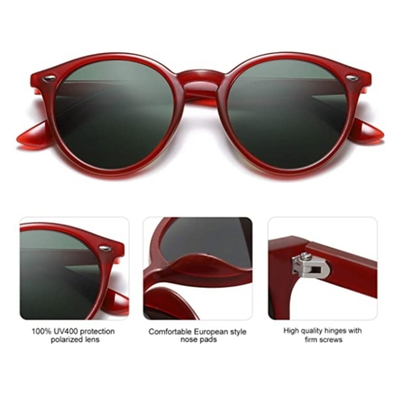 Red /Black Round Polarized Sunglasses for Women Men Classic Vintage - Picture 2 of 3